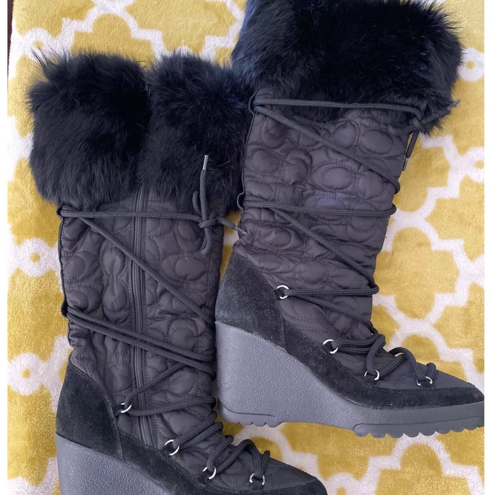 Women's Black Quilted COACH Fur Boots